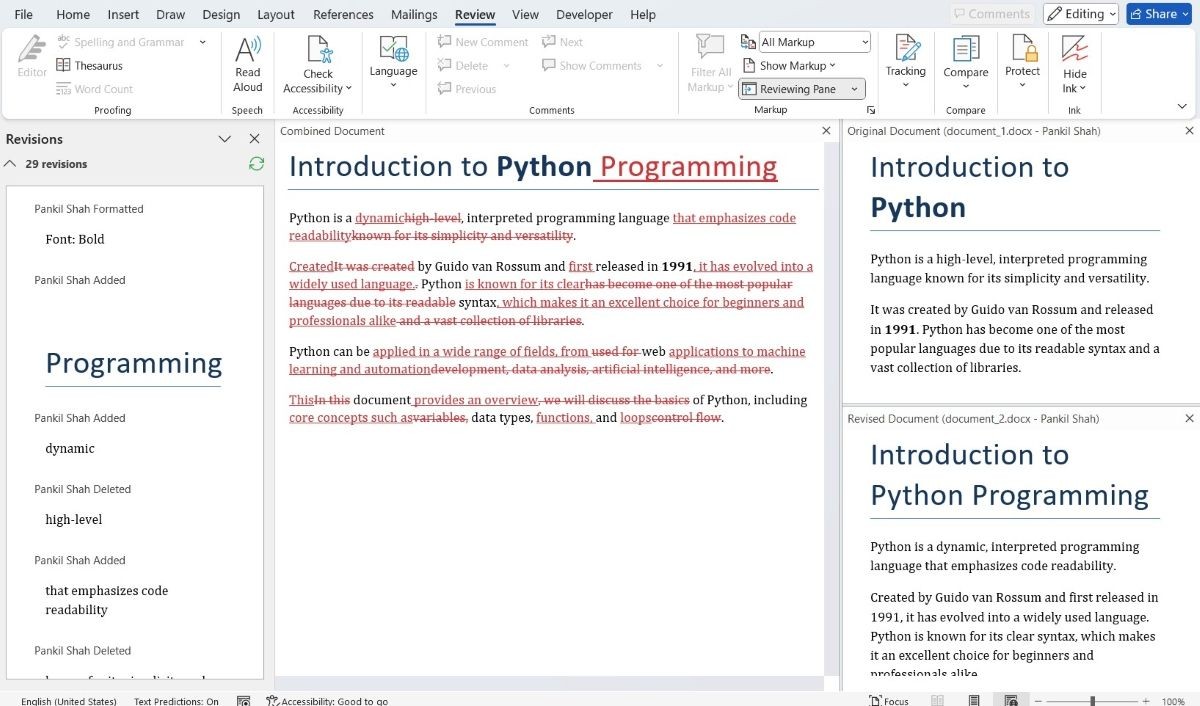 Hai tài liệu về Python được so sánh trong Microsoft Word