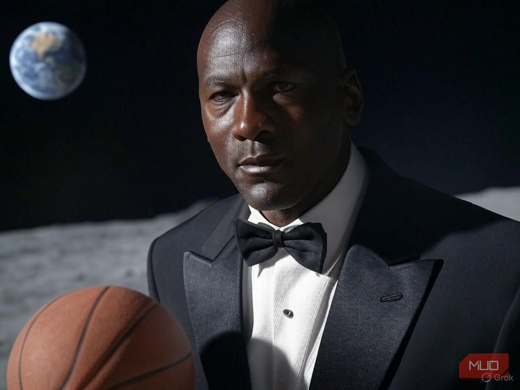 Hình ảnh AI tạo ra Michael Jordan chơi bóng rổ trên mặt trăng trong khi mặc bộ tuxedo