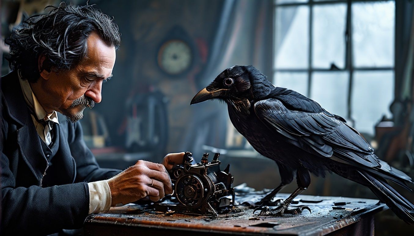 Hình ảnh AI về Edgar Allen Poe làm việc với một con quạ robot
