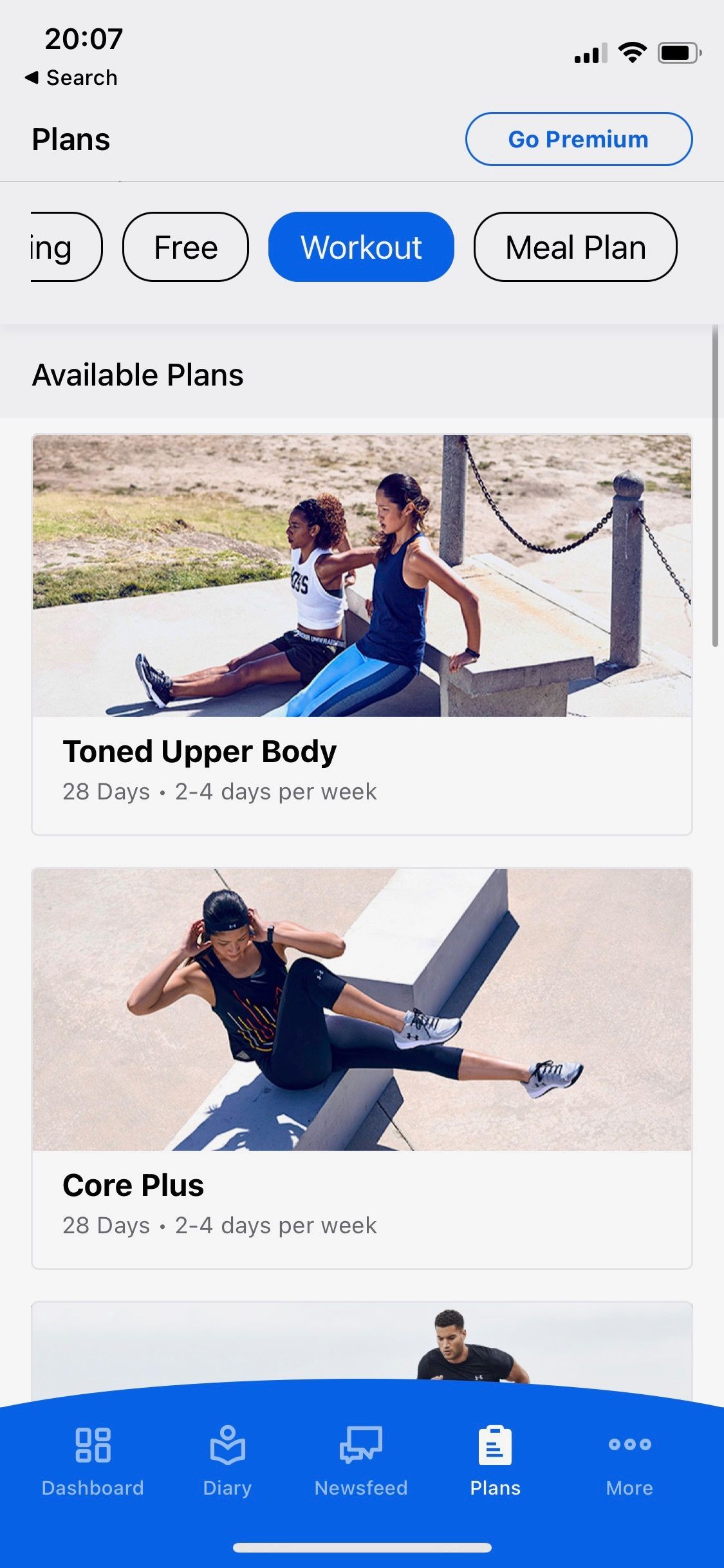 Hình ảnh các kế hoạch tập luyện từ ứng dụng MyFitnessPal