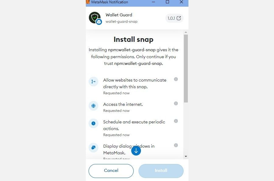 Hình ảnh các quyền khi Cài Đặt Snap Wallet Guard