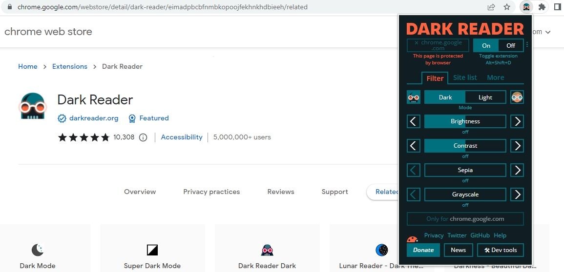 Hình ảnh cài đặt Dark Reader Chrome Extension