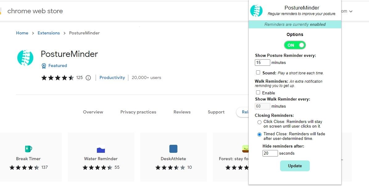Hình ảnh cài đặt PostureMinder Chrome Extension