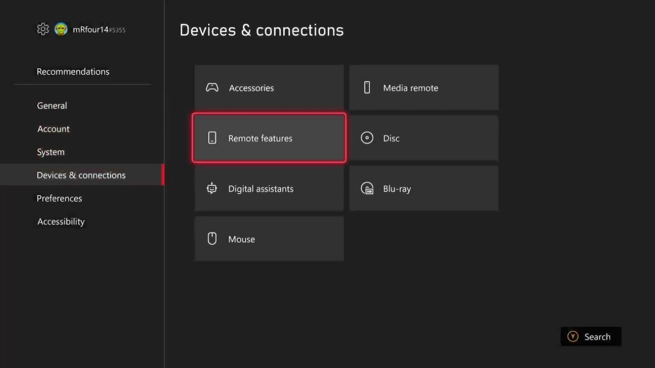 Hình ảnh cài đặt Thiết bị và Kết nối trên Xbox Series X với Tính năng từ xa được làm nổi bật