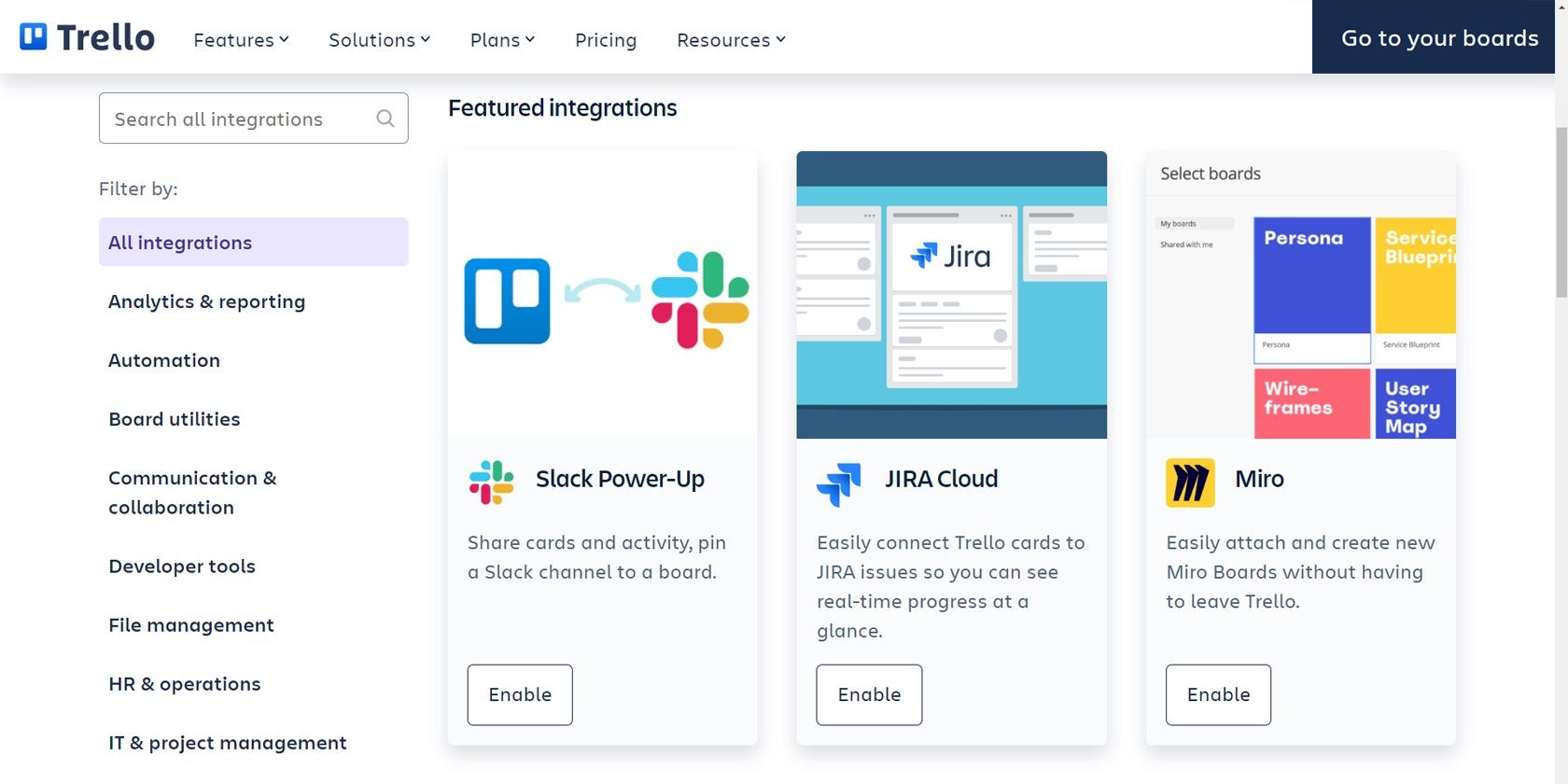 Hình ảnh chụp màn hình các tích hợp của Trello