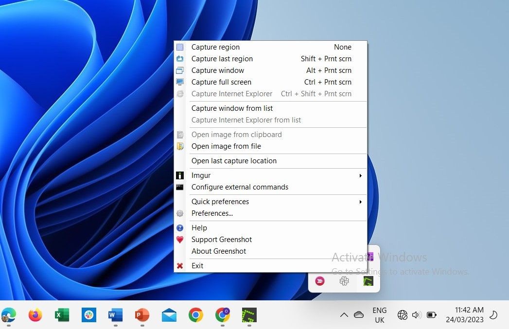 Hình ảnh chụp màn hình hiển thị menu Greenshot từ khay hệ thống Windows