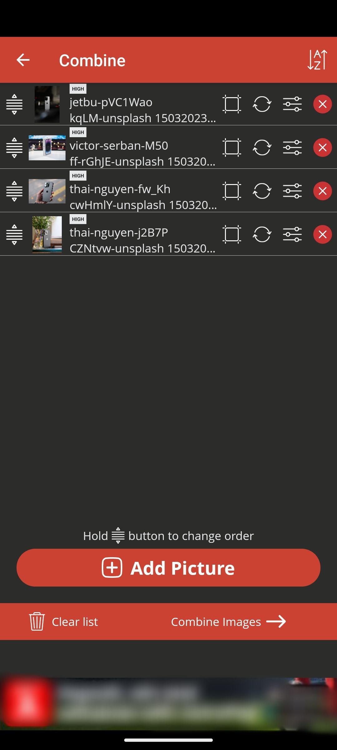 Hình ảnh đã tải lên trong ứng dụng Image Combiner trên Android sẵn sàng để kết hợp