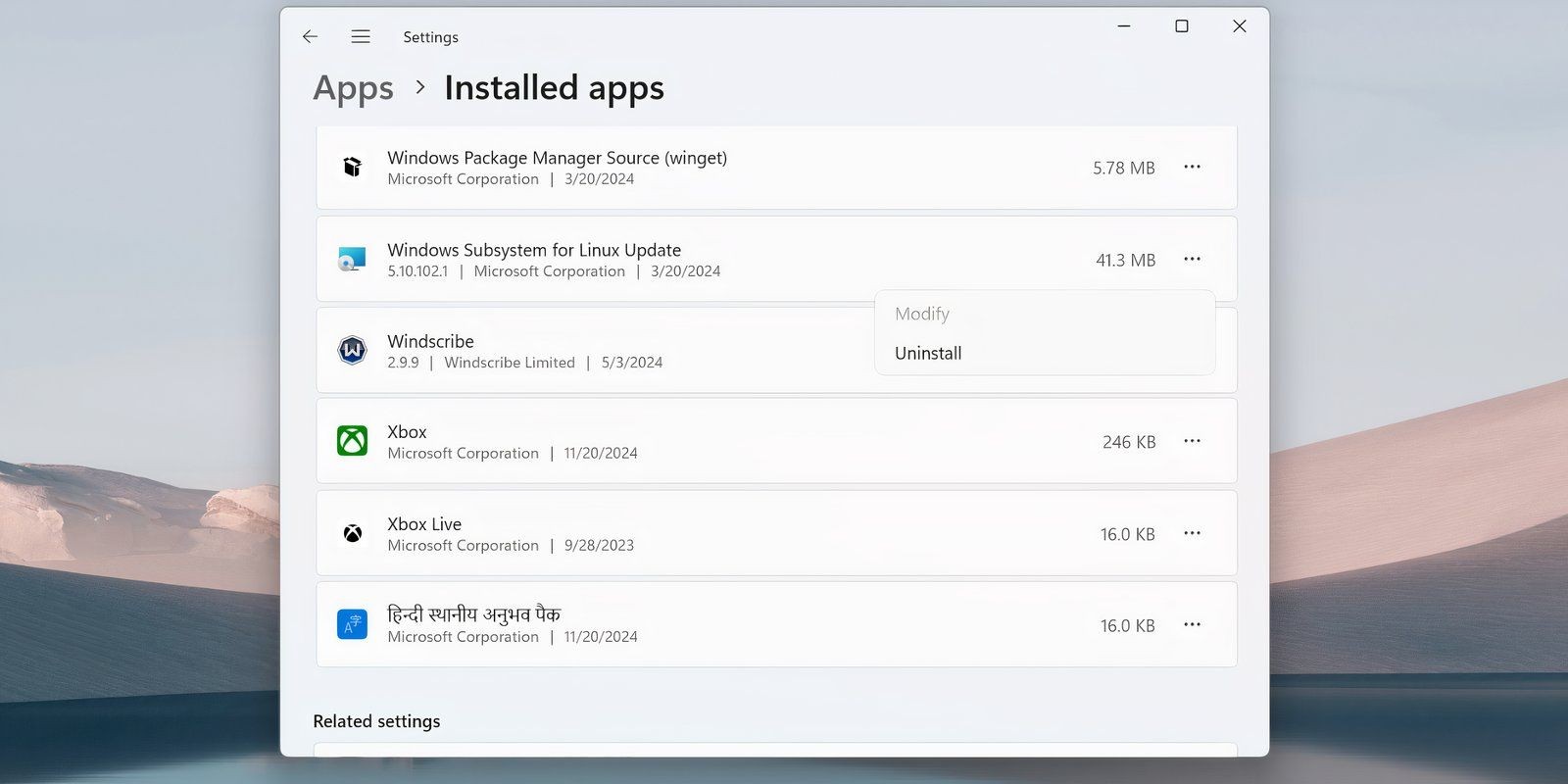 Hình ảnh danh sách ứng dụng đã cài đặt trong ứng dụng Settings với tùy chọn gỡ bỏ WSL