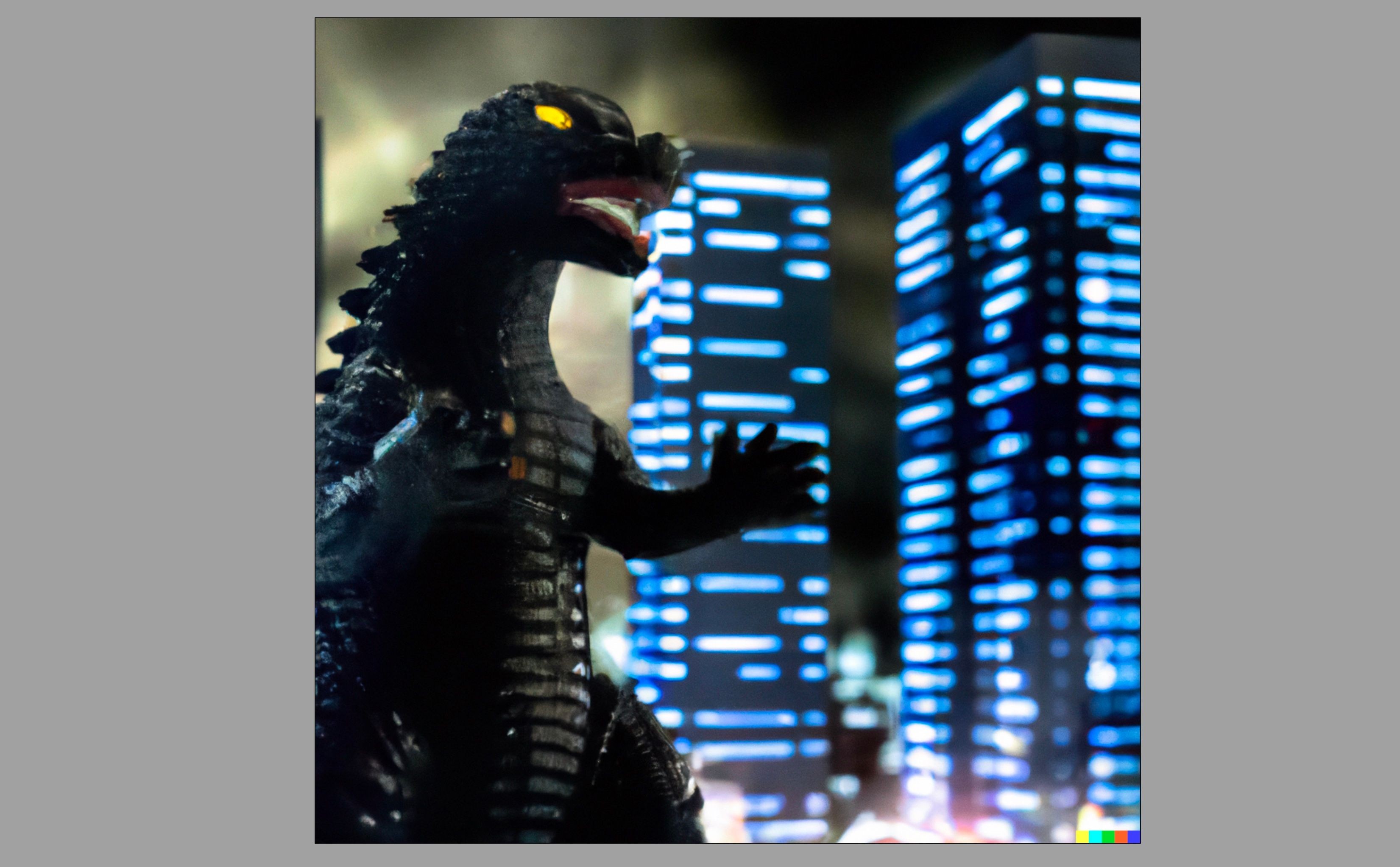 Hình ảnh Godzilla mô hình đặt trước một thành phố được tạo bởi AI