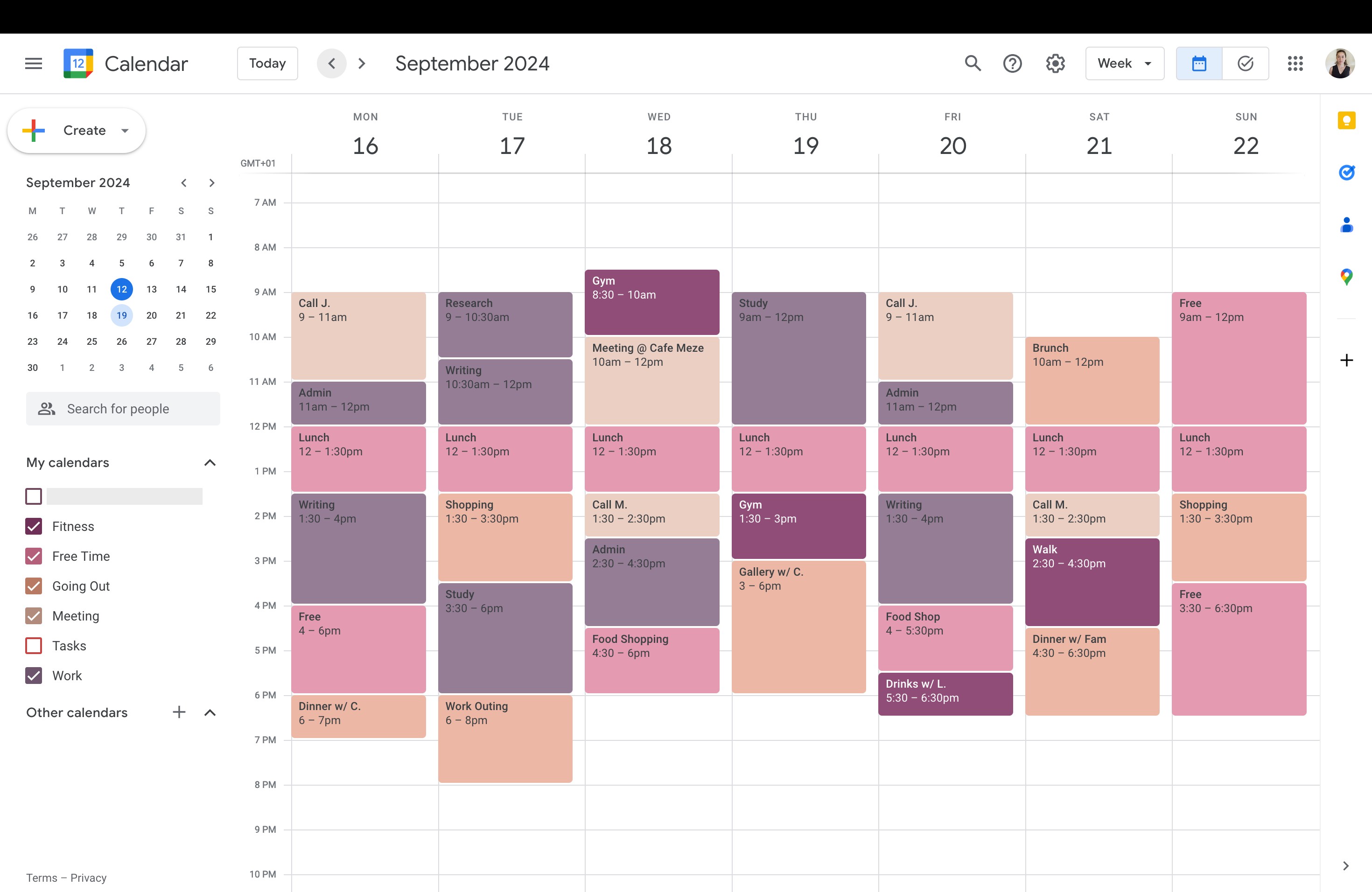 Hình ảnh Google Calendar với bảng màu tím