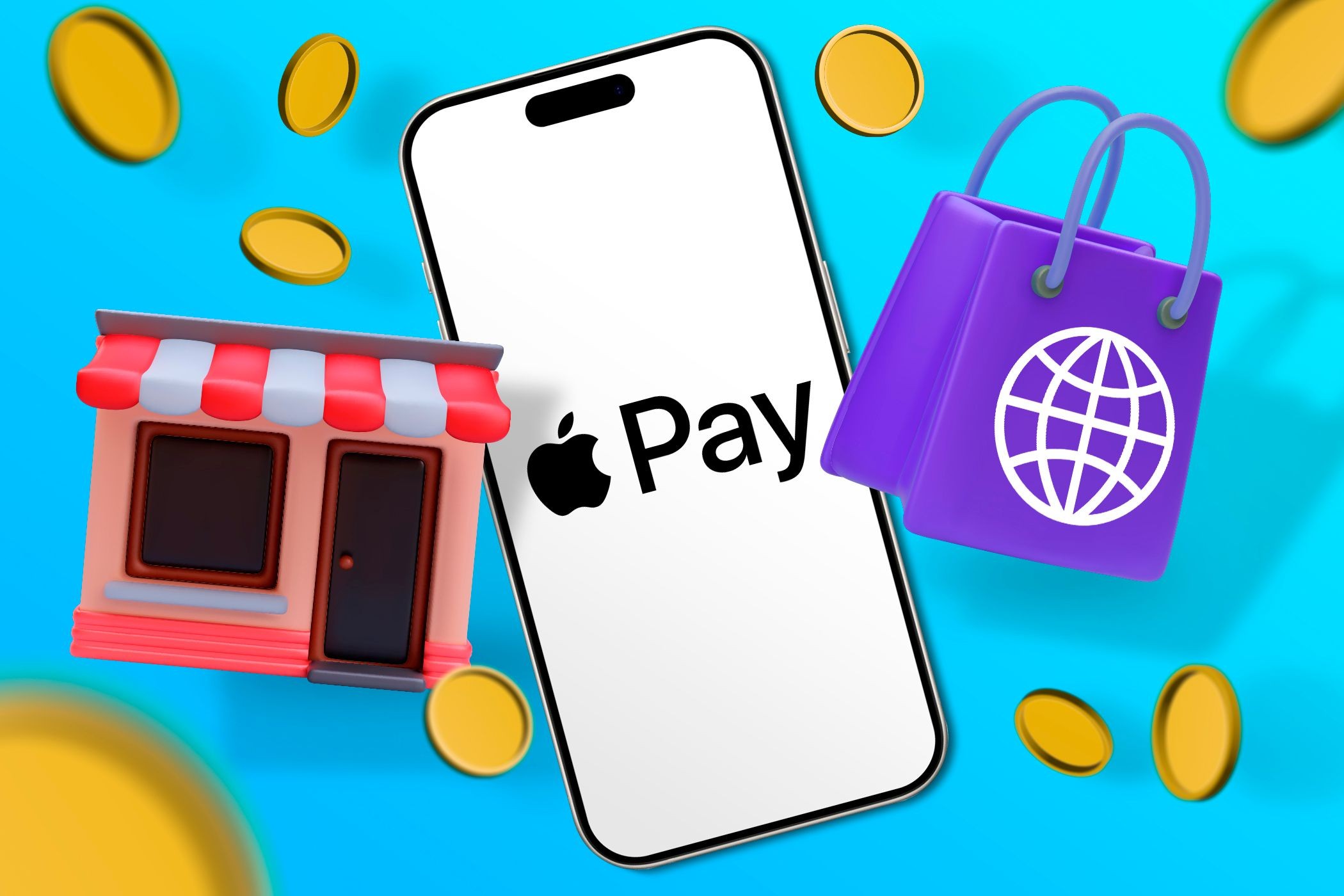Hình ảnh iPhone với logo Apple Pay và hình minh họa cửa hàng bên trái, túi mua sắm trực tuyến bên phải