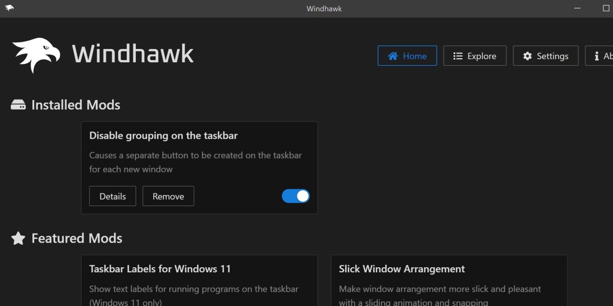 Hình ảnh màn hình chính của Windhawk
