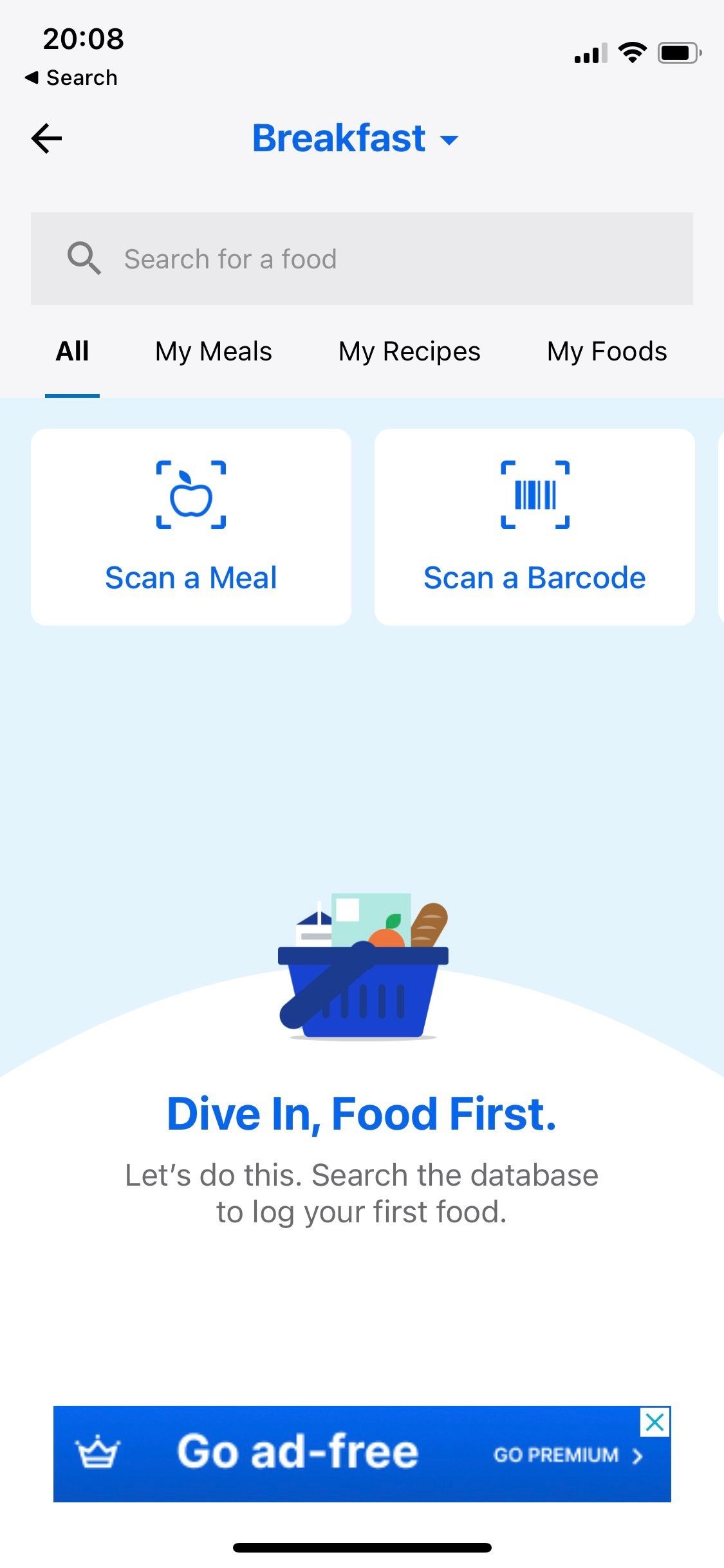Hình ảnh màn hình ghi chép thực phẩm từ ứng dụng MyFitnessPal