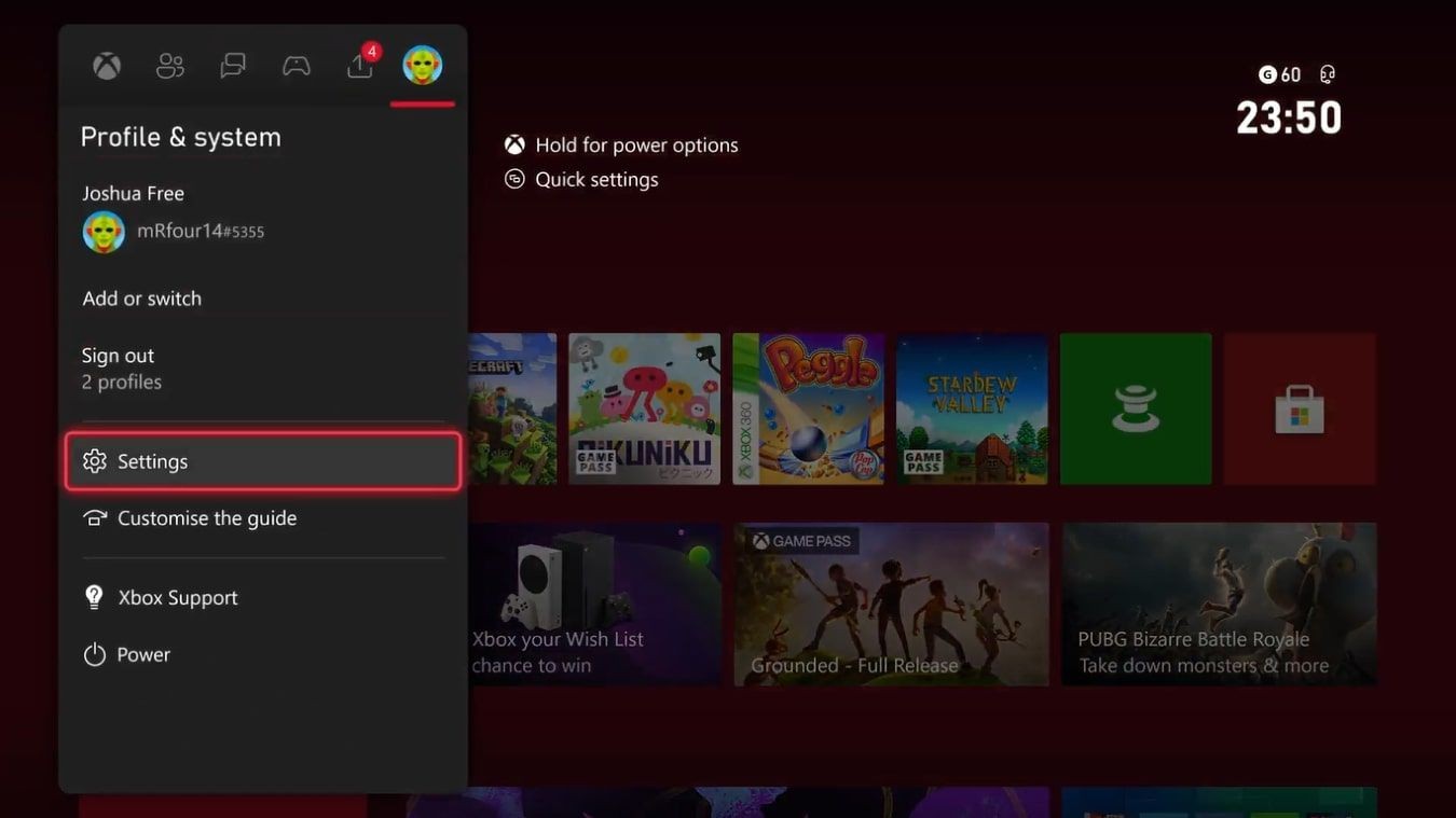 Hình ảnh menu Hướng dẫn của Xbox Series X với Cài đặt được làm nổi bật