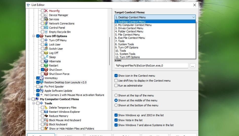 Hình ảnh menu thả xuống Target Context Menu