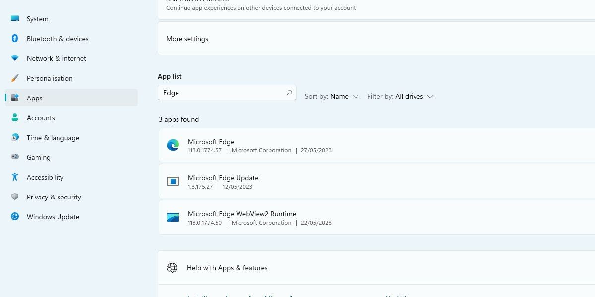 Hình ảnh Microsoft Edge trong danh sách Thêm hoặc Gỡ bỏ chương trình