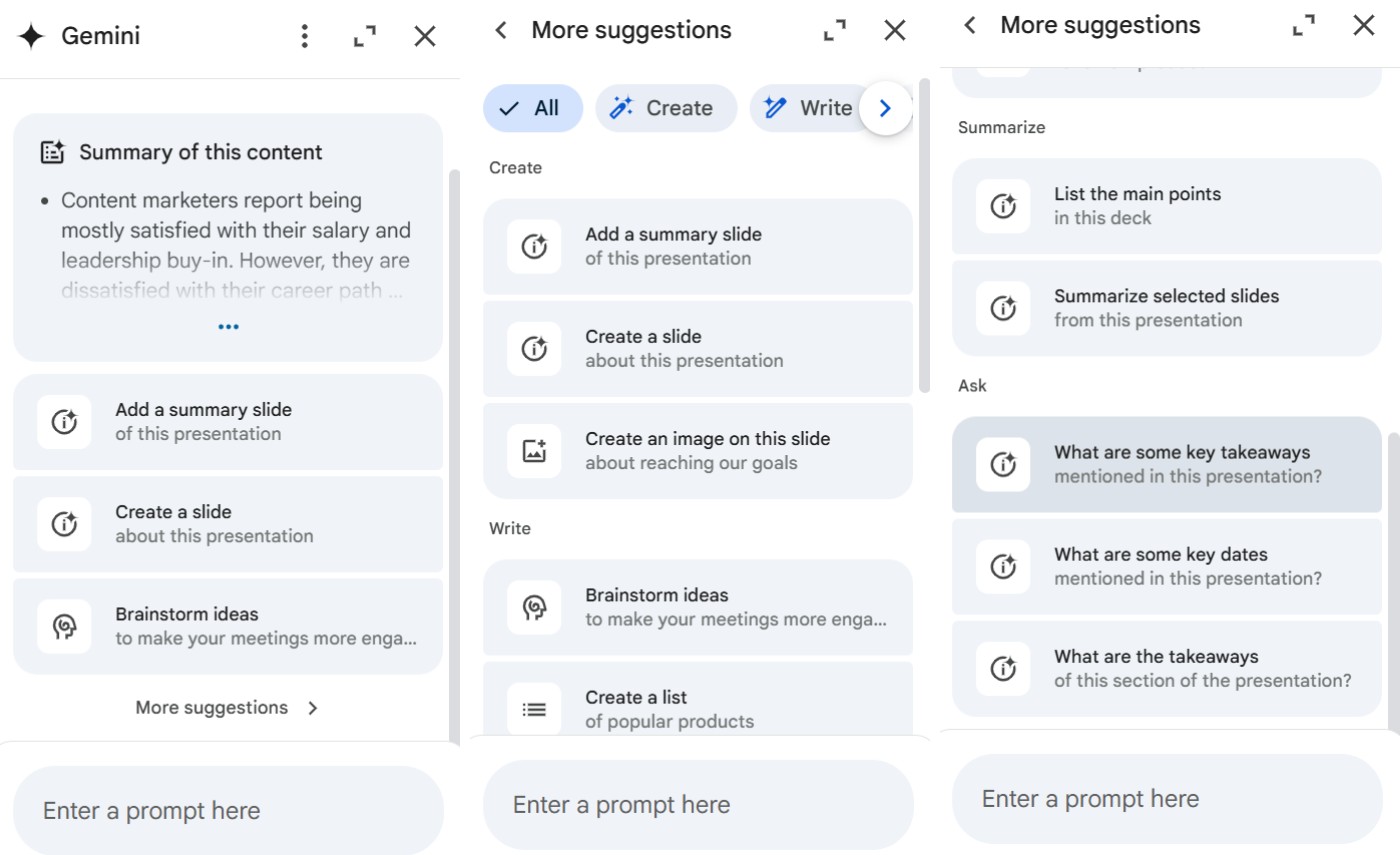 Hình ảnh minh họa các gợi ý từ Gemini AI cho Google Slides