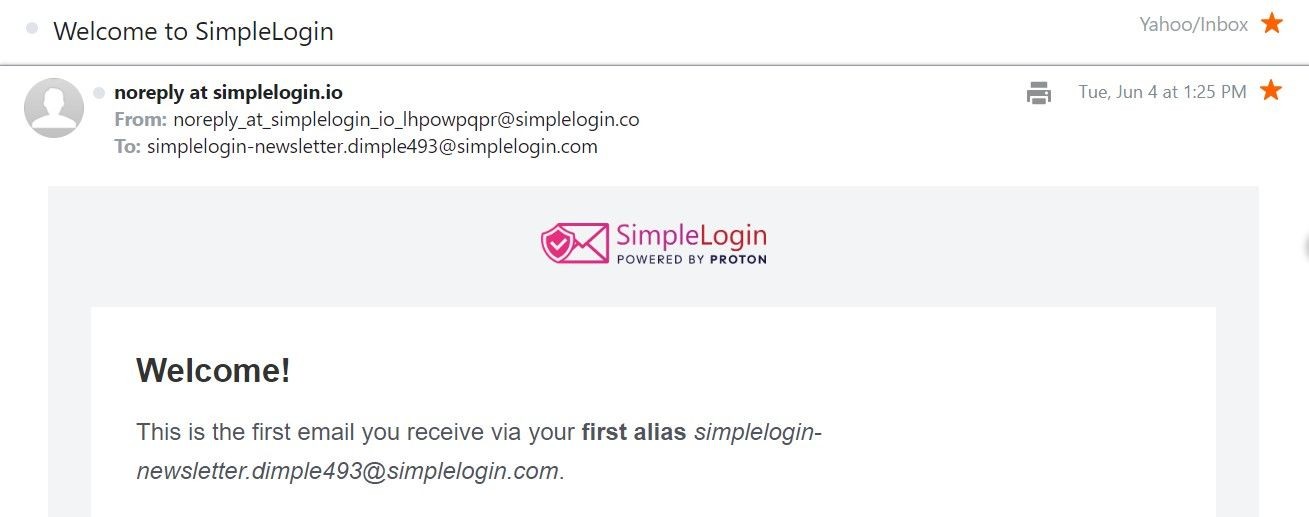 Hình ảnh minh họa email đầu tiên từ SimpleLogin sử dụng alias đầu tiên