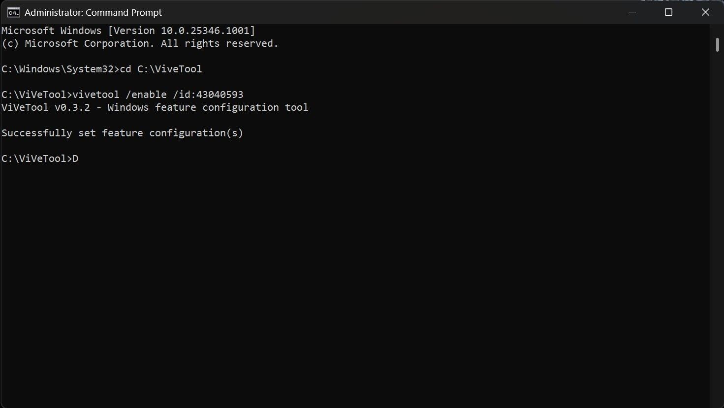 Hình ảnh minh họa sử dụng ViveTool trong Command Prompt