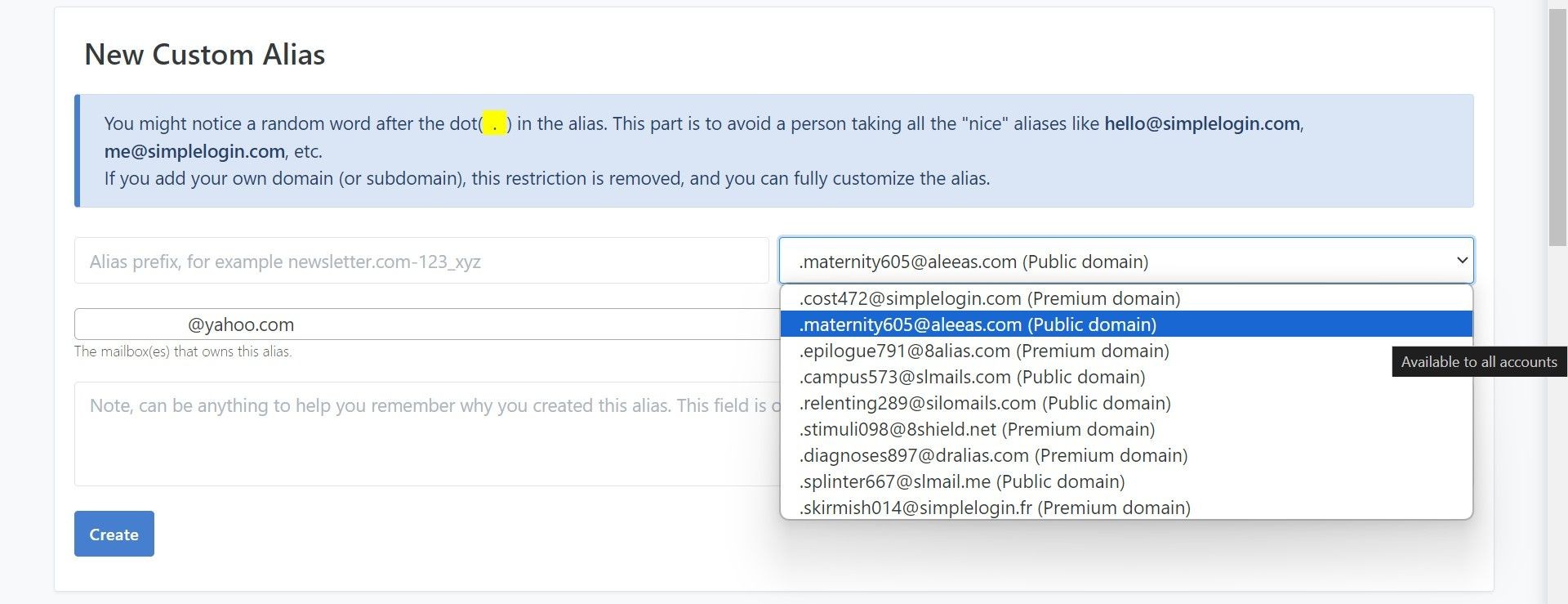Hình ảnh minh họa tab tạo alias tùy chỉnh trong SimpleLogin