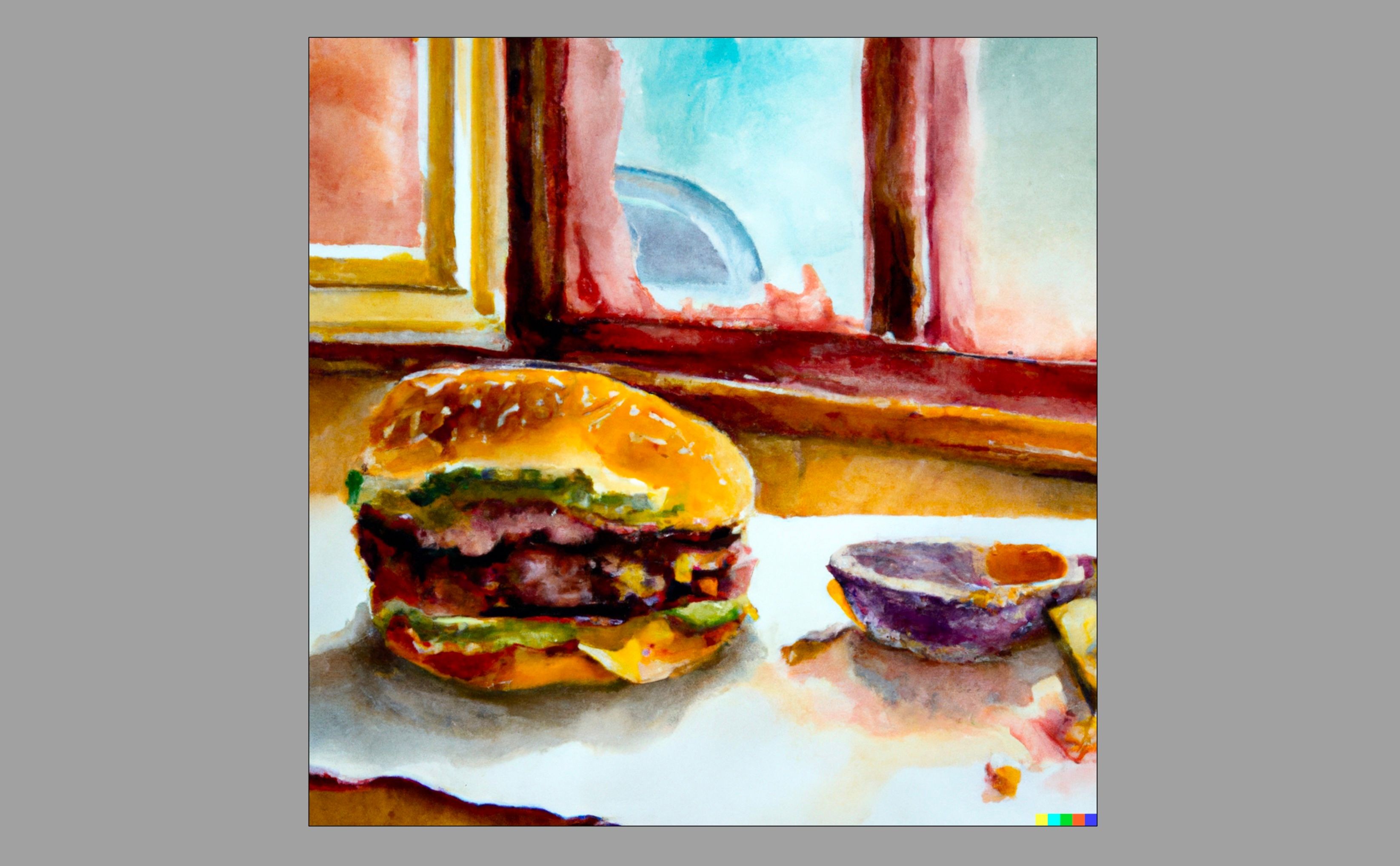 Hình ảnh một chiếc hamburger trên bàn theo phong cách tranh thủy mặc tĩnh vật được tạo bởi AI