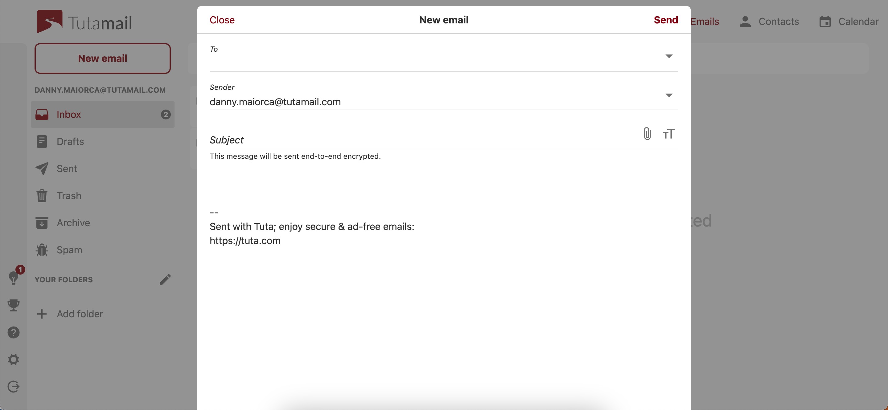 Hình ảnh một email được tạo trong Tuta Mail