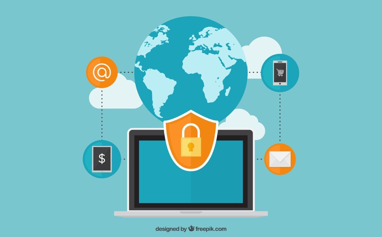 Hình ảnh nền bảo mật với bản đồ thế giới và laptop