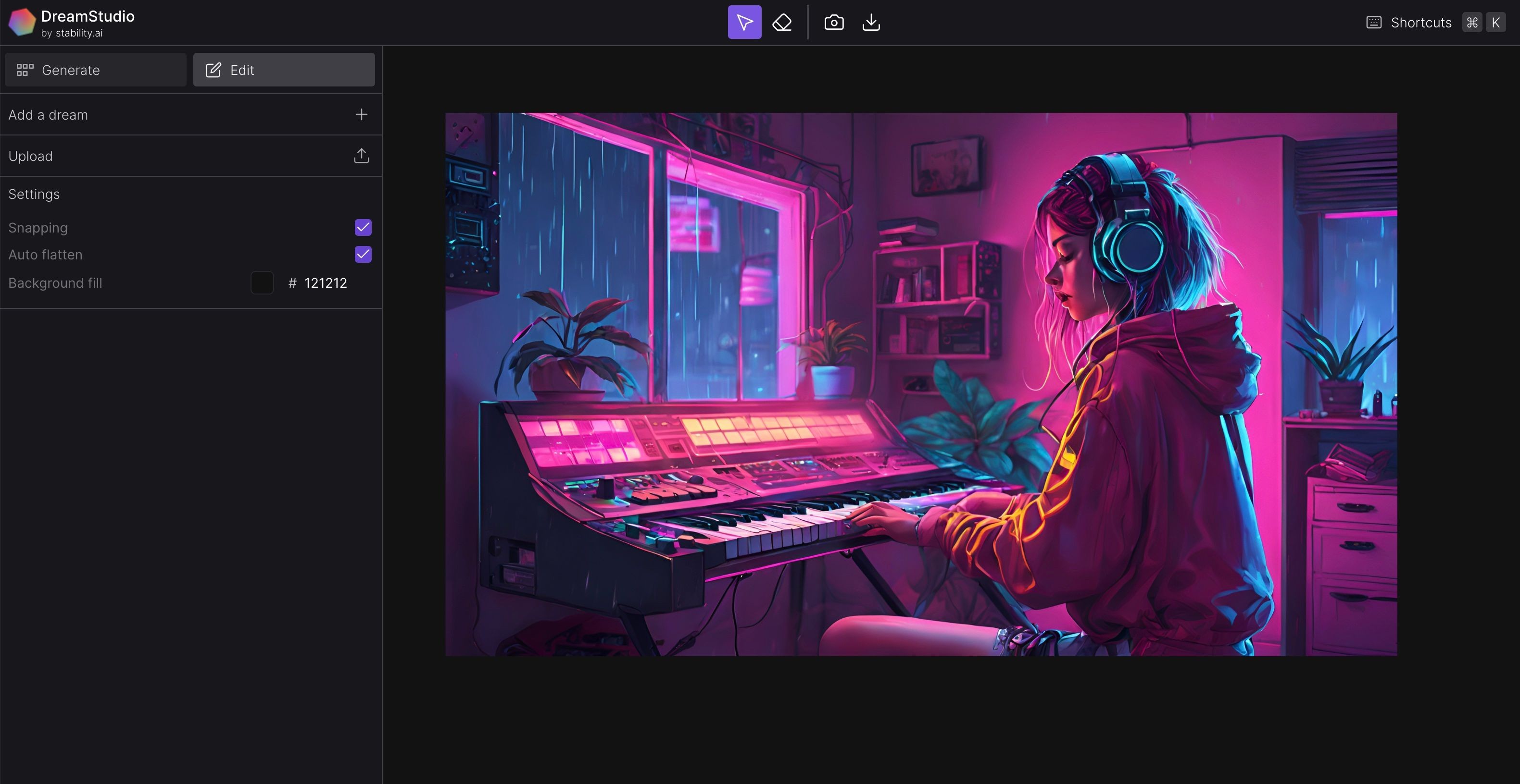 Hình ảnh neon của một cô gái chơi synth được tạo bằng DreamStudio