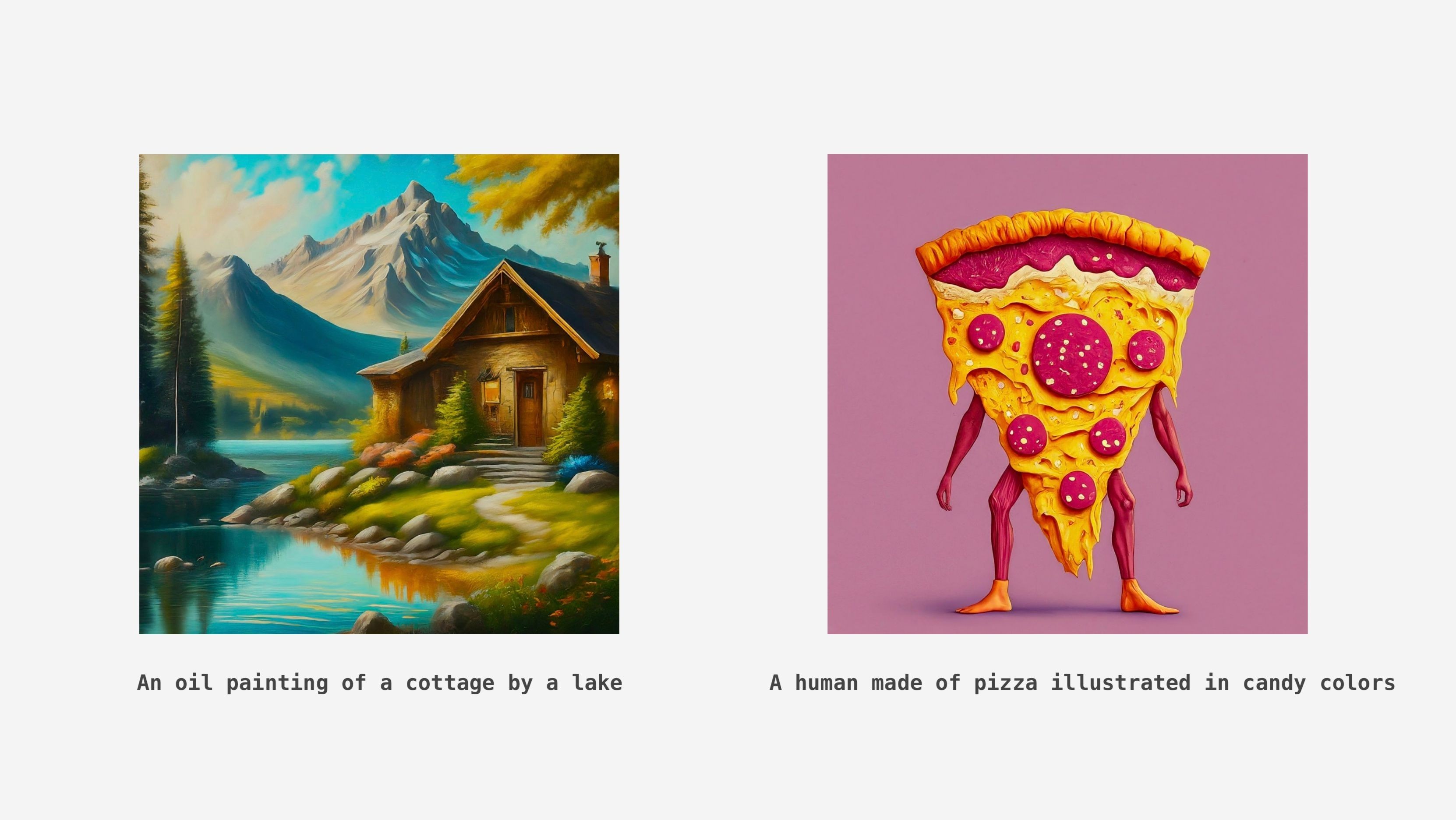 Hình ảnh ngôi nhà gỗ bên hồ và hình ảnh chiếc pizza có chân tay