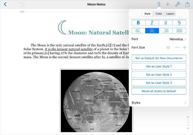 Hình ảnh Notes Writer trên iPad hiển thị cửa sổ định dạng