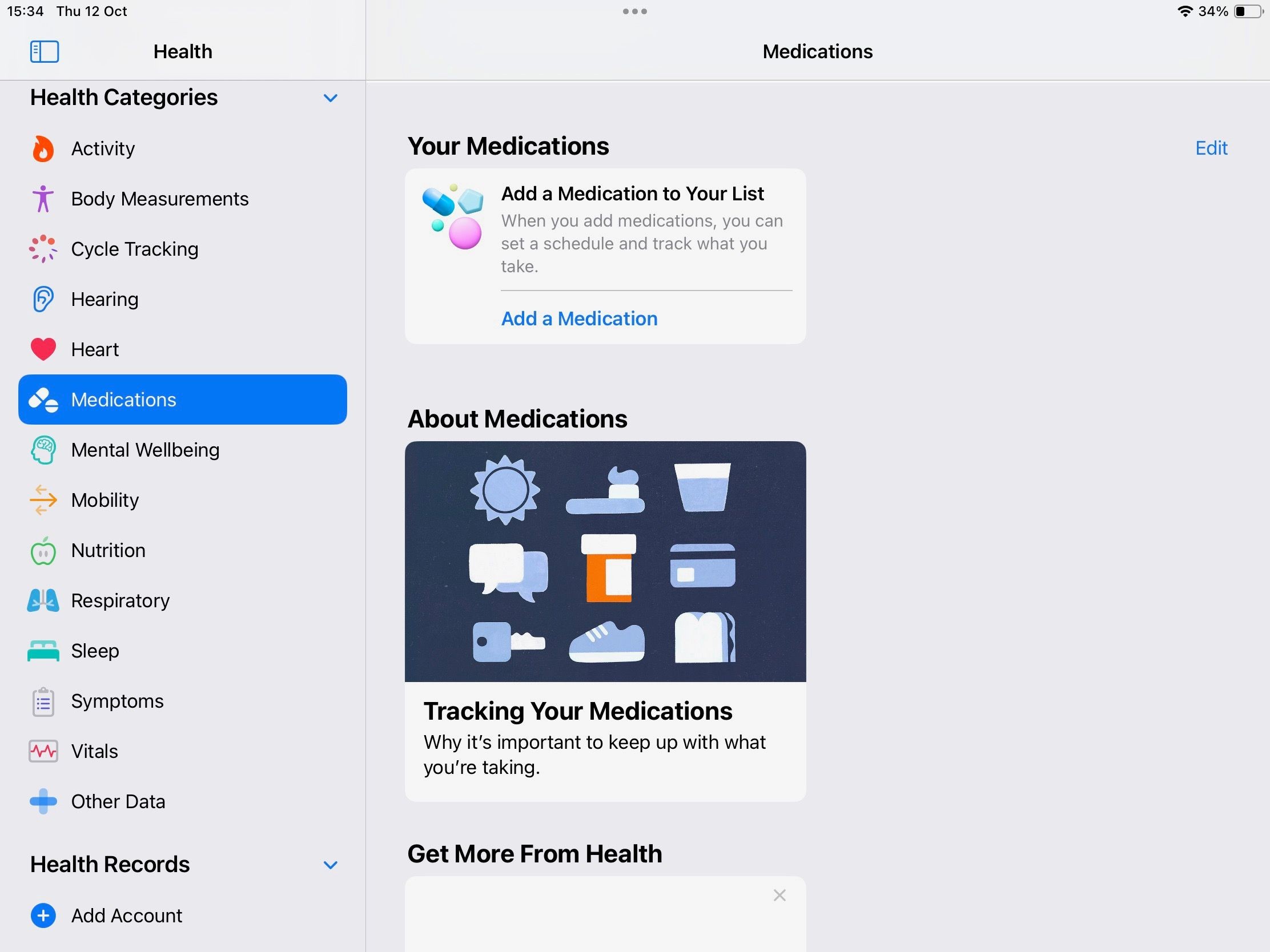 Hình ảnh phần Thuốc trong ứng dụng Sức Khỏe trên iPadOS