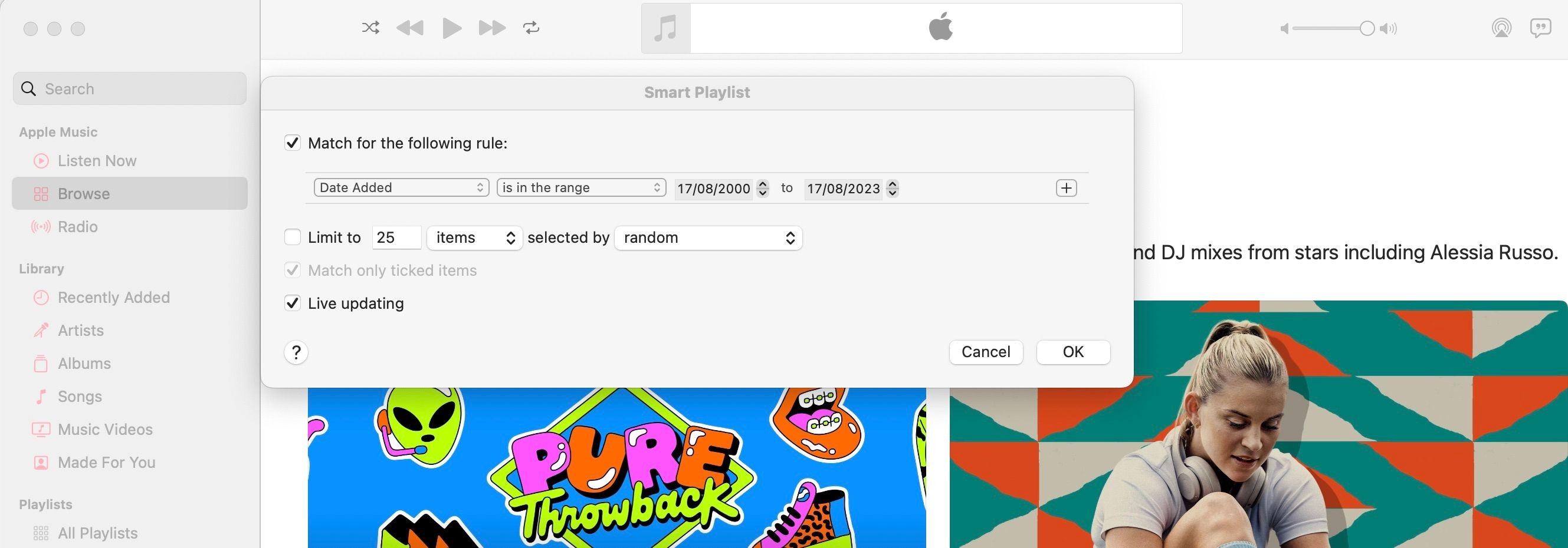 Hình ảnh tạo Danh sách phát thông minh trên Apple Music macOS