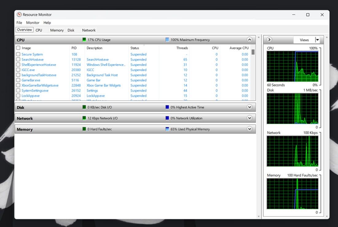 Hình ảnh trang CPU của Resource Monitor