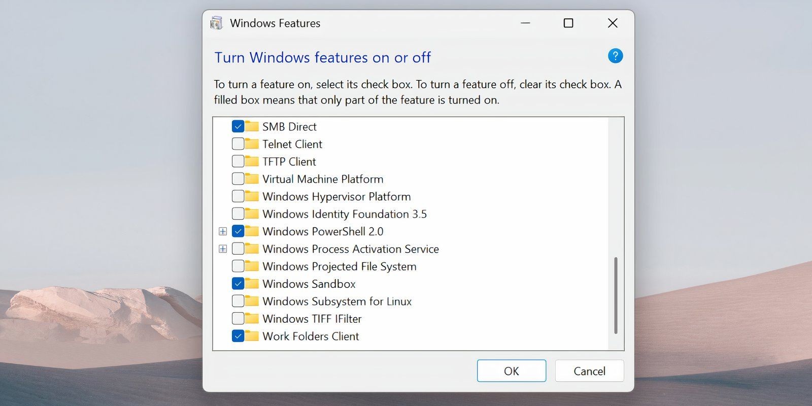 Hình ảnh trang tính năng Windows với tùy chọn WSL bị bỏ chọn