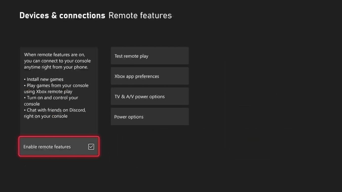 Hình ảnh tùy chọn Tính năng từ xa trên Xbox Series X với Kích hoạt Tính năng từ xa được làm nổi bật