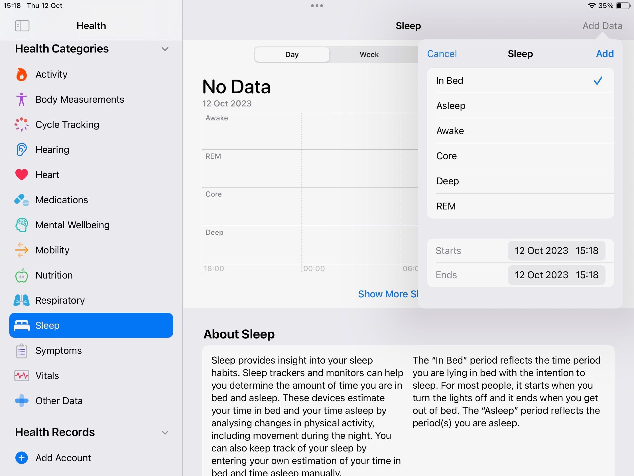 Hình ảnh ứng dụng Sức Khỏe trên iPadOS thêm dữ liệu giấc ngủ