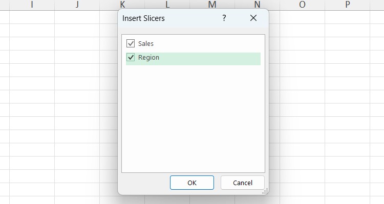 Hộp thoại chèn Slicer trong Excel