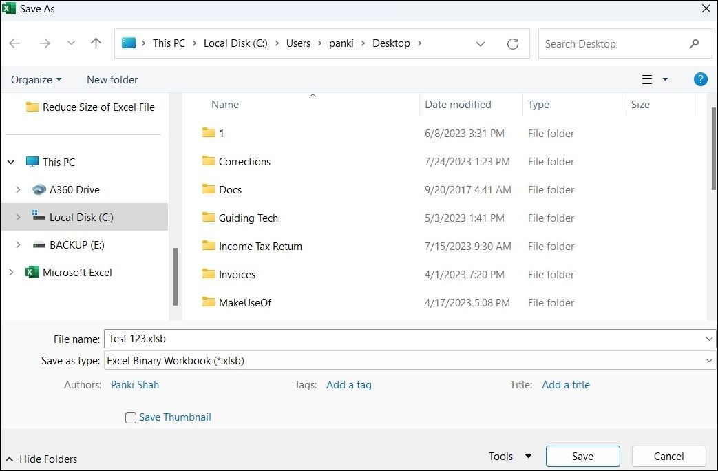 Hộp thoại Lưu trong Excel