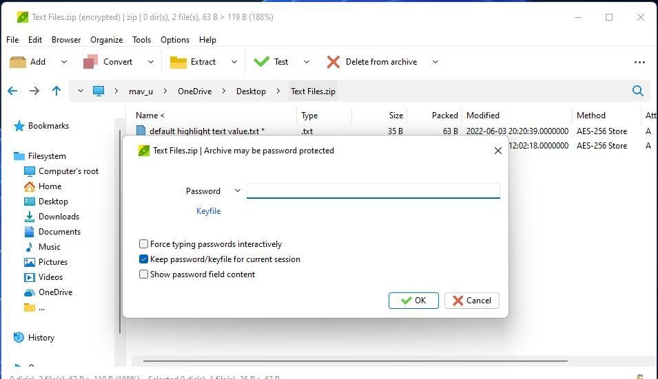 Hộp thoại mật khẩu cho kho lưu trữ ZIP của PeaZip