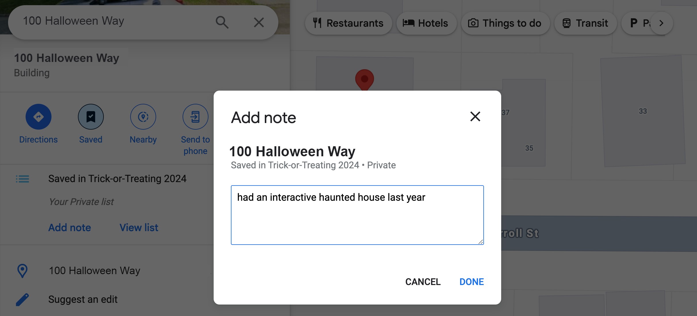 Hộp thoại mở trên Google Maps cho phép người dùng thêm ghi chú vào địa điểm đã lưu