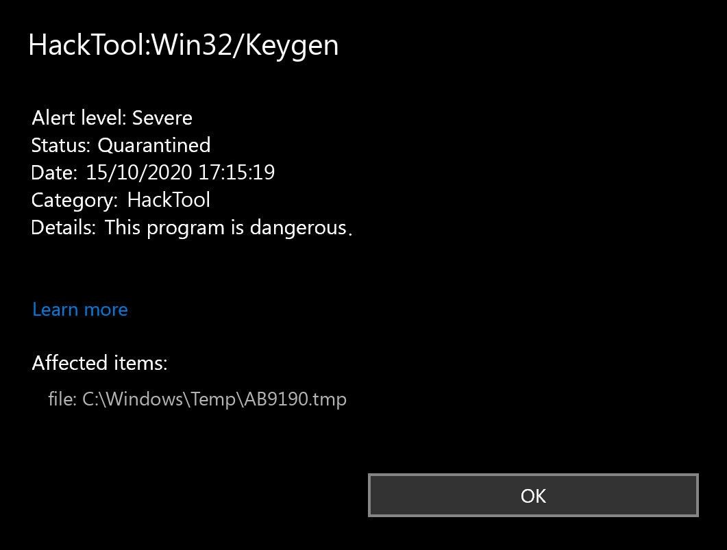 Hộp thoại mối đe dọa của phần mềm độc hại HackTool_Win32_Keygen trong Lịch sử Bảo vệ