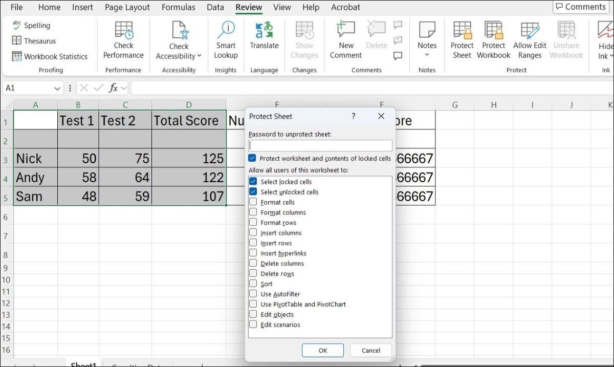 Hộp thoại Protect Sheet trong Excel