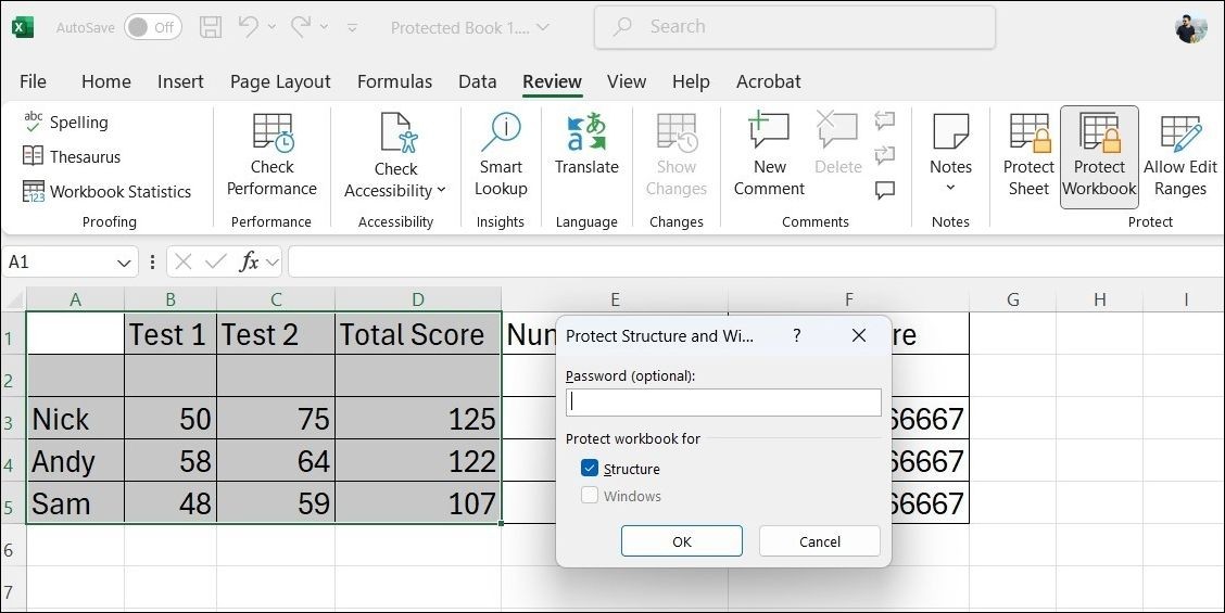 Hộp thoại Protect Structure trong Excel