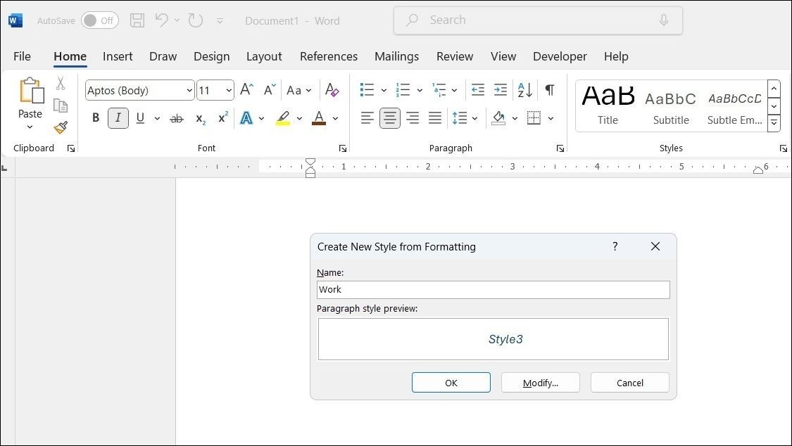 Hộp thoại tạo phong cách mới trong Word