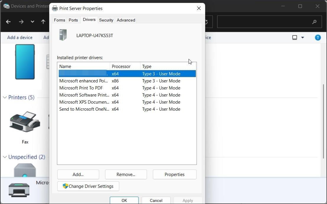 Hộp thoại Thuộc tính máy in trên Windows 11