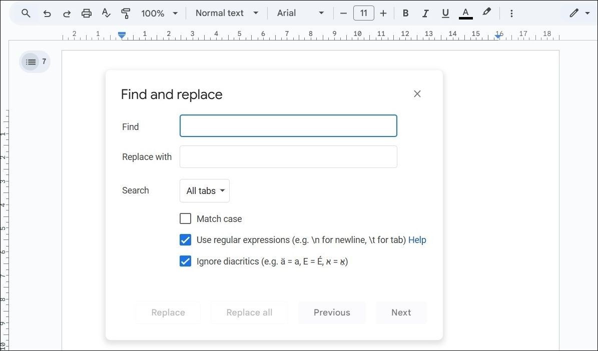 Hộp thoại Tìm và Thay thế trong Google Docs