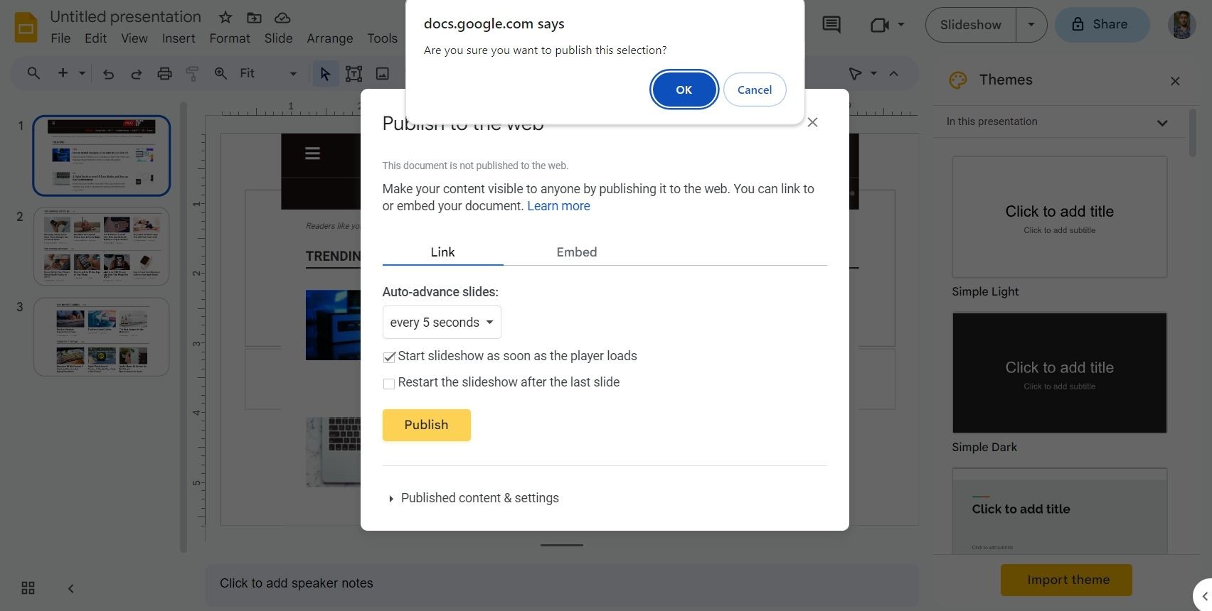 Hộp thoại xác nhận trong Google Slides