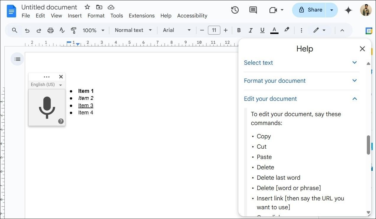 Hộp Trợ Giúp Hiển Thị Các Lệnh Giọng Nói Trong Google Docs