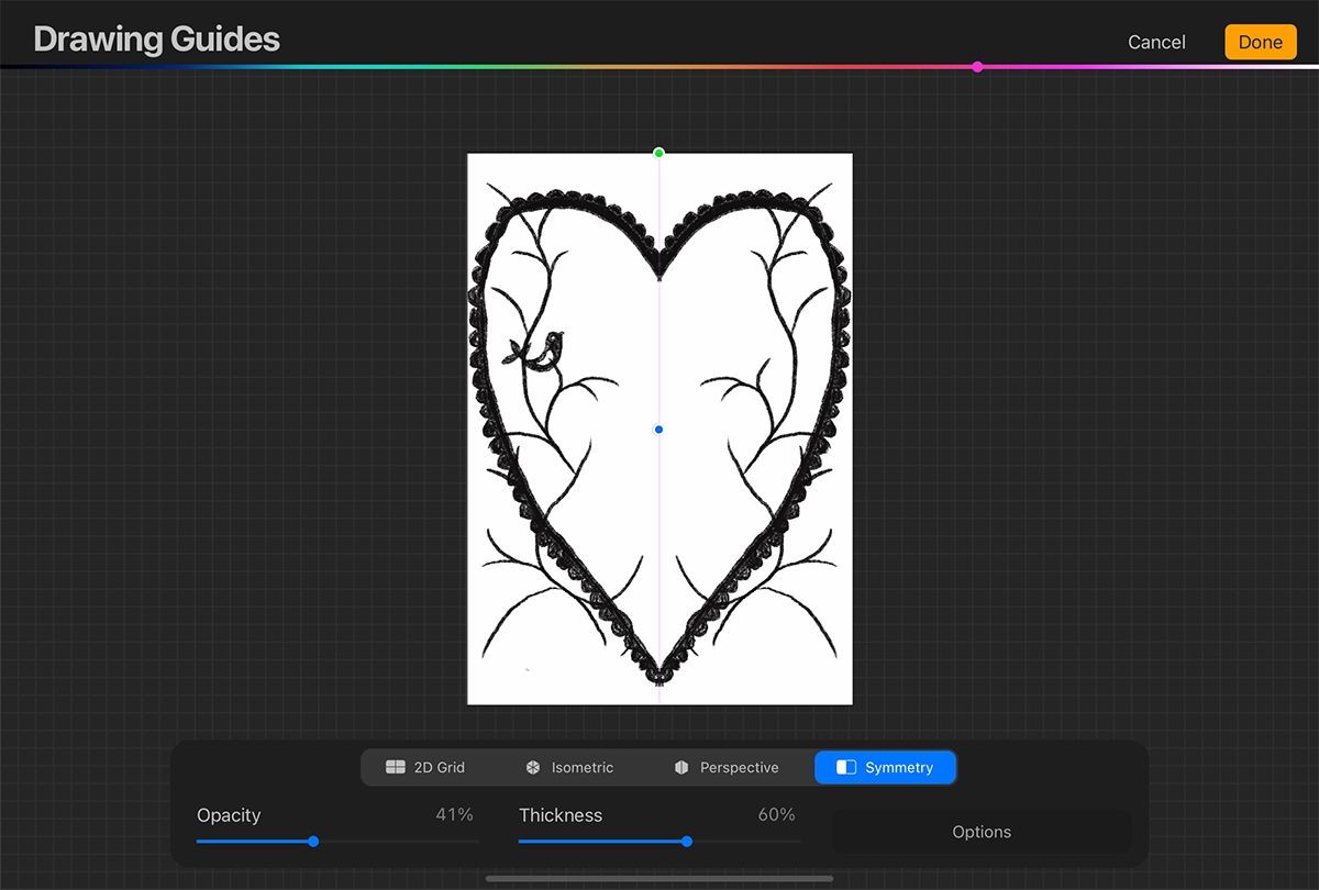 Hướng dẫn vẽ trong Procreate với hình trái tim đối xứng và bức tranh thiên nhiên trên bức tranh.