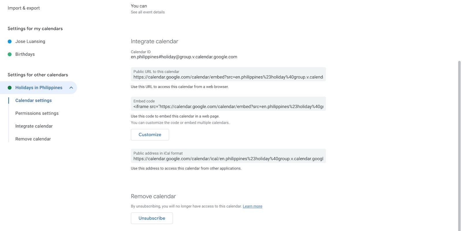 Hủy đăng ký từ các tài khoản lịch trên Google Calendar